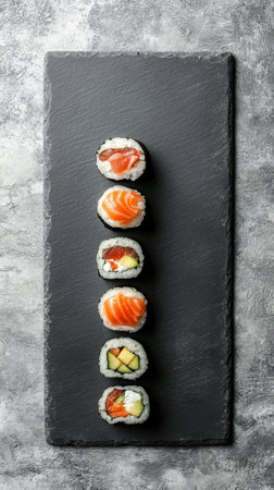 A variety of sushi rolls are neatly arranged on a black stone plate. The colorful ingredients include salmon mango and avocado showcasing culinary artistry in a modern dining environment.の素材