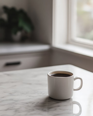 A white coffee cup filled with dark coffee sits on a polished marble table. Soft natural light filters through a nearby window creating a serene atmosphere in the room.の素材