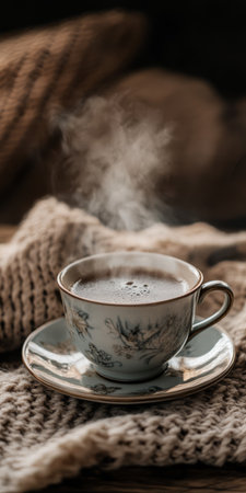A vintage cup filled with a hot beverage rests on a delicate saucer releasing steam into the air surrounded by a soft knitted blanket creating a warm atmosphere.の素材