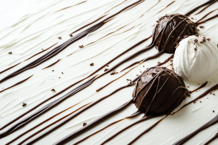 Two round scoops of chocolate ice cream are placed next to a scoop of vanilla ice cream elegantly arranged on a creamy surface drizzled with chocolate syrup.の素材