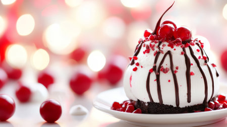 A tempting dessert placed on a white plate showcasing a chocolate base topped with whipped cream drizzled with chocolate and adorned with bright red cherries.の素材