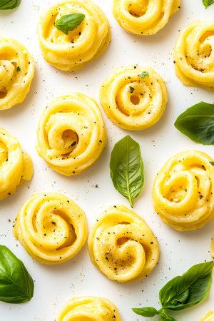 Delicate spiral formed butter rounds lie on a plain surface surrounded by vibrant green basil leaves. Each piece showcases a smooth texture and aromatic seasoning.の素材