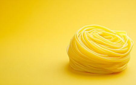 A perfectly shaped nest of bright yellow pasta sits against a vivid yellow backdrop. The contrasting colors highlight the freshness and texture of the noodles inviting culinary exploration.の素材
