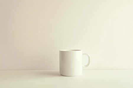 A plain white mug sits on a minimalistic surface in a softly lit environment. Its simple design and lack of decor highlight its versatility and elegance.の素材