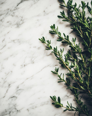 Aromatic thyme sprigs are arranged on a smooth marble surface showcasing their vibrant green color and delicate leaves. Ideal for cooking and garnishing dishes with flavor.の素材