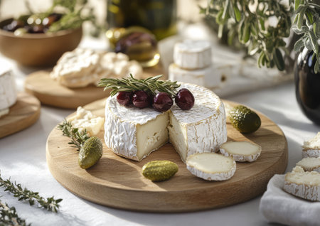 A beautifully arranged cheese platter includes creamy cheese dark olives pickles and herbs showcased on a wooden board suggesting a delightful culinary experience for a gathering.の素材