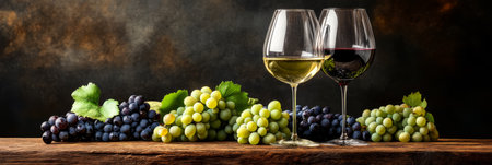 Two elegant wine glasses filled with red and white wine sit on a wooden table. Freshly harvested grapes surround the glasses creating a warm and inviting atmosphere.の素材