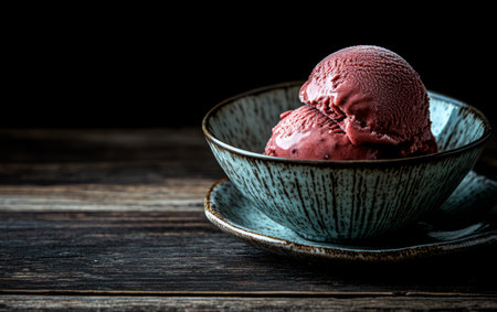 A bowl filled with vibrant raspberry sorbet sits on a dark wood table. The dessert appears smooth and creamy inviting anyone with a sweet tooth to indulge in its refreshing flavor.の素材