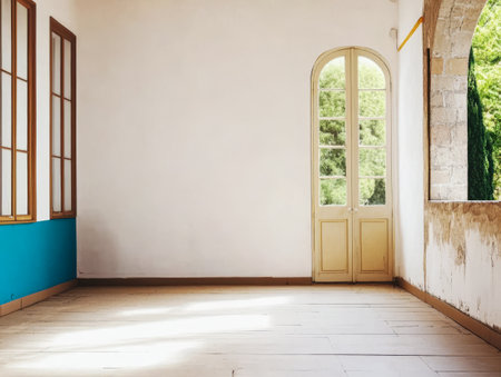A spacious room features large tall windows illuminating the area with a view of lush greenery outside. The walls are painted in soft colors creating a calming atmosphere.の素材