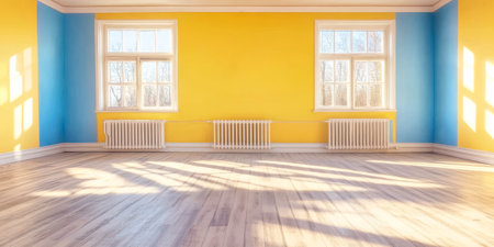 A spacious room features vibrant yellow and blue walls with sunlight casting shadows on the wooden floor. Two large windows illuminate the area creating a warm and inviting atmosphere.の素材