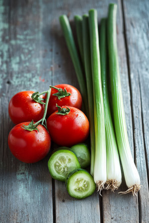Bright red tomatoes and sliced cucumbers are arranged alongside fresh green onions on a weathered wooden table.の素材