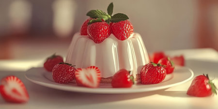 A beautifully presented dessert showcases a creamy pudding adorned with vibrant fresh strawberries. The setting features soft lighting that enhances the delectable appearance.の素材