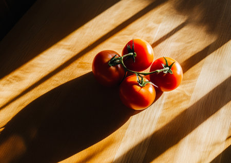 Four ripe tomatoes on their vine are arranged on a smooth wooden surface casting distinct shadows as sunlight creates a warm ambiance in the space.の素材