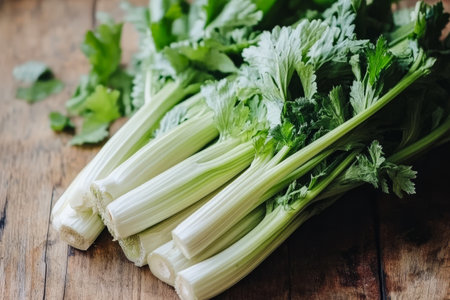 A vibrant bunch of celery and cilantro rests on a rustic wooden table in a well-lit kitchen. The fresh greens exhibit rich colors and textures ideal for healthy cooking.の素材