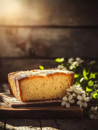 A loaf of freshly baked bread is sliced and placed on a wooden cutting board. Delicate flowers and greenery surround it illuminated by warm sunlight filtering through the rustic setting.の素材
