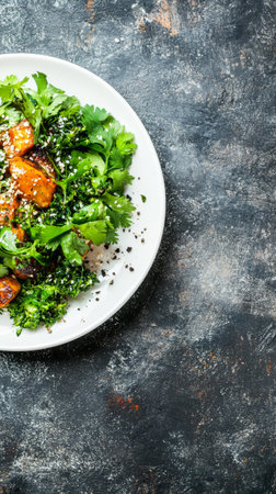 A vibrant salad features roasted sweet potatoes and broccoli atop a bed of fresh greens garnished with sesame seeds and cilantro. The dish rests on a textured dark surface emphasizing its colors.の素材