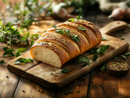 Warm crusty bread sits on a wooden cutting board garnished with fresh herbs. Soft light filters through illuminating the inviting kitchen atmosphere.の素材