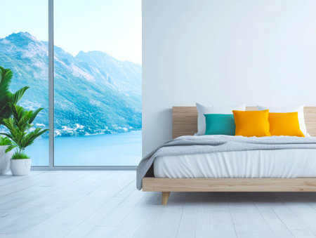 A spacious bedroom features a large window showing a breathtaking view of mountains and a serene lake. Brightly colored cushions add a pop of color to the minimalist decor.の素材