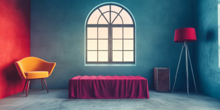 A bright modern room features a colorful orange chair a pink bed covering and a red lampshade. Natural light filters through the large arched window creating a welcoming atmosphere.の素材