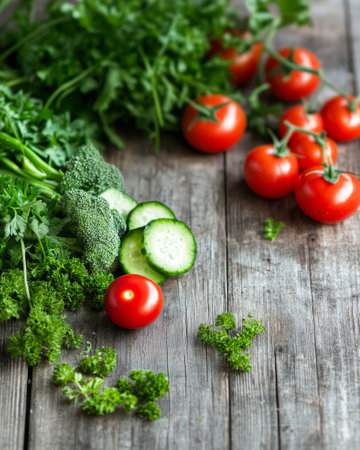 A colorful collection of fresh vegetables features vibrant tomatoes crisp cucumber slices and green broccoli on a rustic wooden table highlighting the beauty of healthy eating.の素材