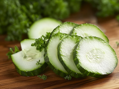 Slices of fresh cucumber are arranged on a wooden cutting board surrounded by vibrant green herbs. The background is filled with leafy greens creating a refreshing atmosphere.の素材