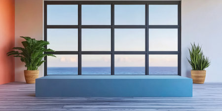 Bright and airy room showcases large windows with ocean views. Two potted plants provide greenery while the simple furniture emphasizes a clean minimalistic aesthetic.の素材