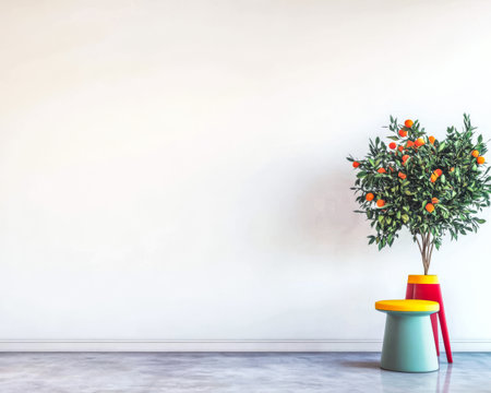 A lively indoor plant decorated with oranges sits atop a playful colorful stool in a minimalistic space. The bright colors add a cheerful touch to the neutral wall.の素材