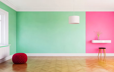 Bright and inviting living space showing mint green and pink walls. A modern white shelf holds a vase with flowers accompanied by a stool and a cozy red pouf on the wooden floor.の素材
