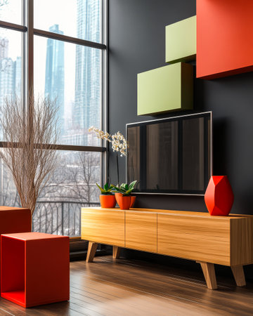 A stylish living room features bright red and green decor elements. A wooden cabinet holds plants and a large screen while floor-to-ceiling windows showcase the urban skyline outside.の素材
