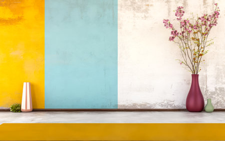A stylish interior showcases a vibrant color palette with yellow blue and white walls. Elegant vases with flowers and greenery add a touch of nature to the modern space.の素材