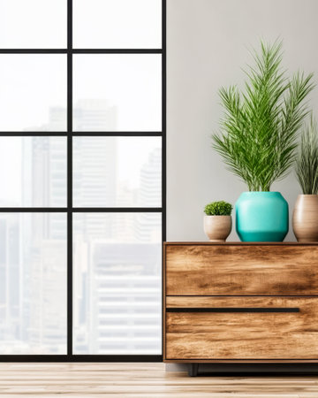 A stylish interior features a wooden dresser with decorative plants beside a large window. Natural light floods the room enhancing the urban view outside and showcasing contemporary decor.の素材