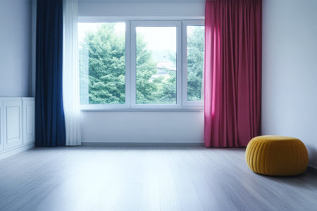 A bright and airy living room features a large window with lush greenery outside. Colorful curtains in blue and pink frame the window while a round yellow pouf adds a touch of warmth.の素材
