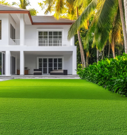 A stylish modern house features large windows and a spacious porch surrounded by lush greenery. The well-manicured lawn shines brightly under the sun creating an inviting atmosphere.の素材
