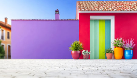 A charming house features a bright yellow and green door surrounded by various potted plants. The vivid walls and blue sky create a lively and welcoming atmosphere in the neighborhood.の素材