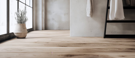 A modern interior showcases a light wooden floor and a decorative plant in a stylish pot by the large windows. Soft light filters through creating a serene atmosphere in the room.の素材