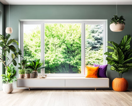 A bright living room features a large window with lush trees outside inviting natural light. Planters with greenery add freshness while colorful cushions enhance comfort and style.の素材