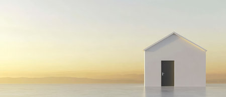 A simple white house stands alone on a reflective surface surrounded by calm water under a soft sunset sky. The tranquil scene evokes feelings of peace and solitude.の素材