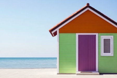 A vibrant beach house painted in green orange and purple sits near the calm ocean. The clear blue sky reflects a peaceful summer day at the shore inviting relaxation.の素材