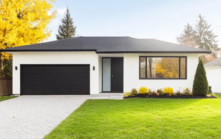A modern single-story house features a black roof white brick exterior and a large front window. Vibrant yellow and green shrubs create an inviting landscape under clear sunny skies.の素材
