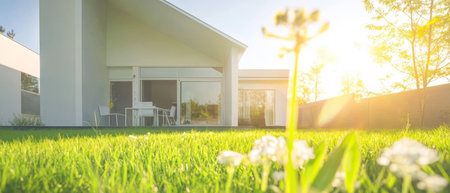 A contemporary house features large windows and a minimalist design. It is set in a vibrant green lawn dotted with white flowers under a bright sun glimmering in the blue sky.の素材