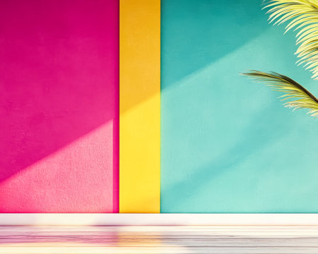 Bright pink and turquoise walls are contrasted with a bold yellow strip while palm leaves cast playful shadows in warm sunlight creating a vibrant and inviting atmosphere.の素材