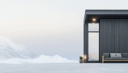 A sleek cabin features large windows that frame a breathtaking view of snow-covered mountains. The calm atmosphere is enhanced by soft morning light illuminating the surroundings.の素材