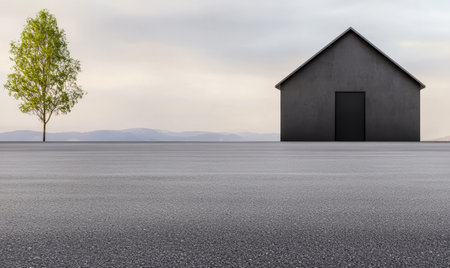 A simple scene featuring a dark modern house beside a single green tree against a serene backdrop. The muted colors create a calm atmosphere perfect for reflection.の素材