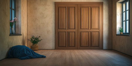 A tranquil room showcases wooden doors and natural light entering through large windows. A draped fabric rests on the floor beside a plant in a woven pot creating a peaceful atmosphere.の素材