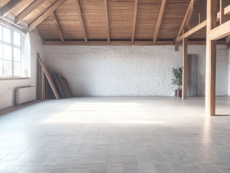 Sunlight streams through large windows onto the open floor of a spacious room with wooden beams. The minimalist decor features white walls and a few plants creating a calm atmosphere.の素材
