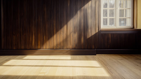 Sunlight filters through a window casting gentle shadows on the light wooden floor. The rich wooden paneling adds warmth to the inviting atmosphere of the room in midday.の素材
