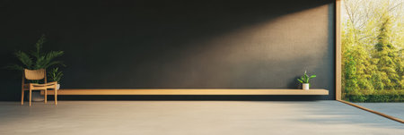 A contemporary interior showcases a minimalistic design with a wooden bench chair and plants against a dark wall. Sunlight streams through large windows highlighting greenery outside.の素材