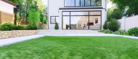 Sleek modern architecture features large windows and an expansive lawn surrounded by lush greenery. The tranquil garden invites relaxation and outdoor activities enhancing the living space.の素材