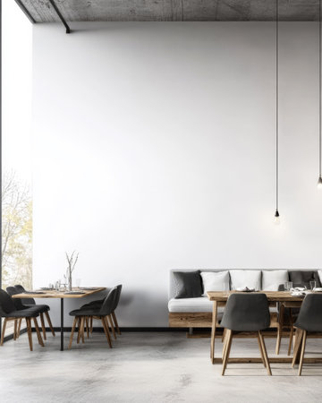 A spacious and stylish cafe interior features wooden tables and chairs minimalistic decor and a view of greenery outside. Soft lighting creates a cozy atmosphere for customers.の素材