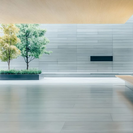 The setting showcases a minimalist interior space with smooth surfaces and soft lighting. Natural elements like trees enhance the tranquility of the area inviting relaxation and contemplation.の素材